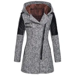 Hooded loose diagonal zipper woolen trench coat - Light Grey - View 1