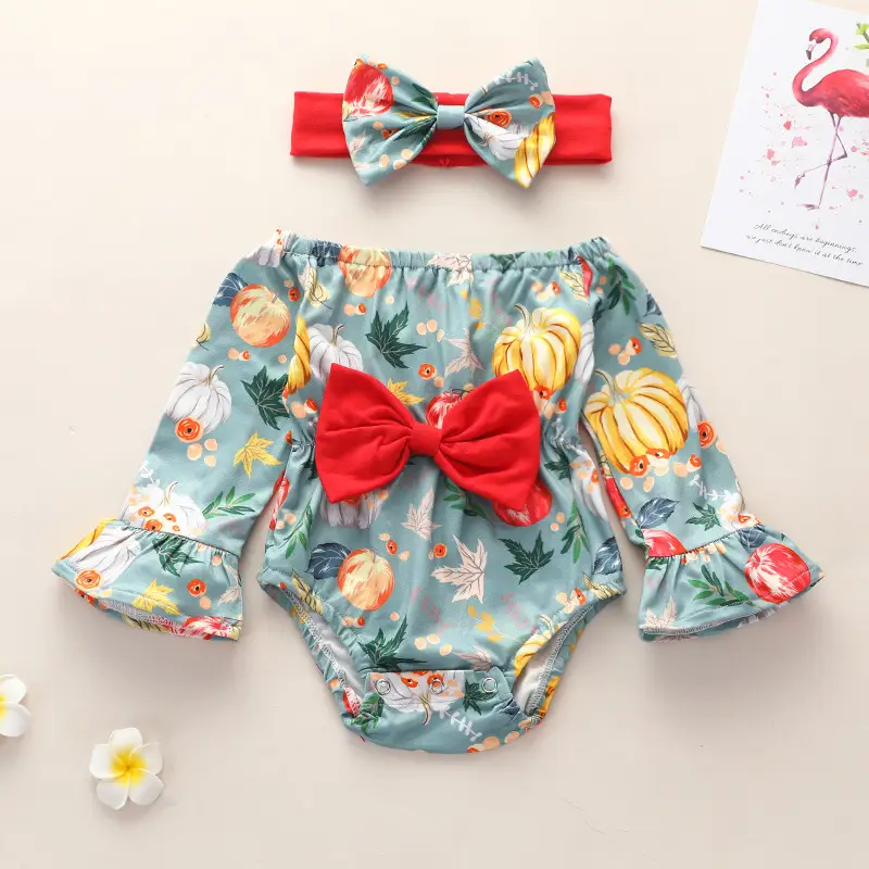 Baby Girl Long Sleeve Off-Shoulder Romper with Headband — Light Blue, 70cm