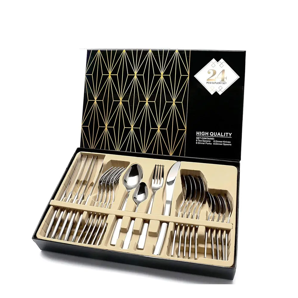 24 PCS Flatware Set Cutlery Dinnerware Spoon Knives Gift