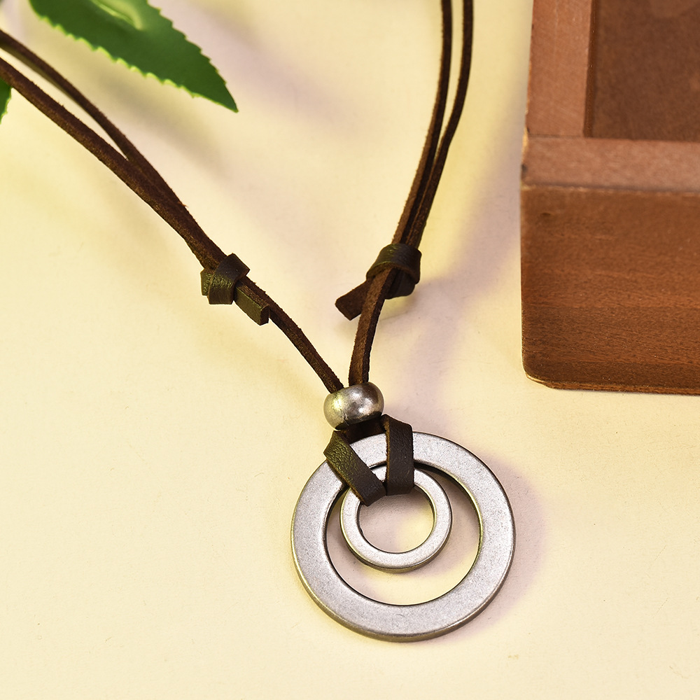 Double circle hollow leather cord necklace