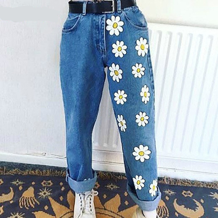 Printed slim denim pants Blue - Shop at LoveMi