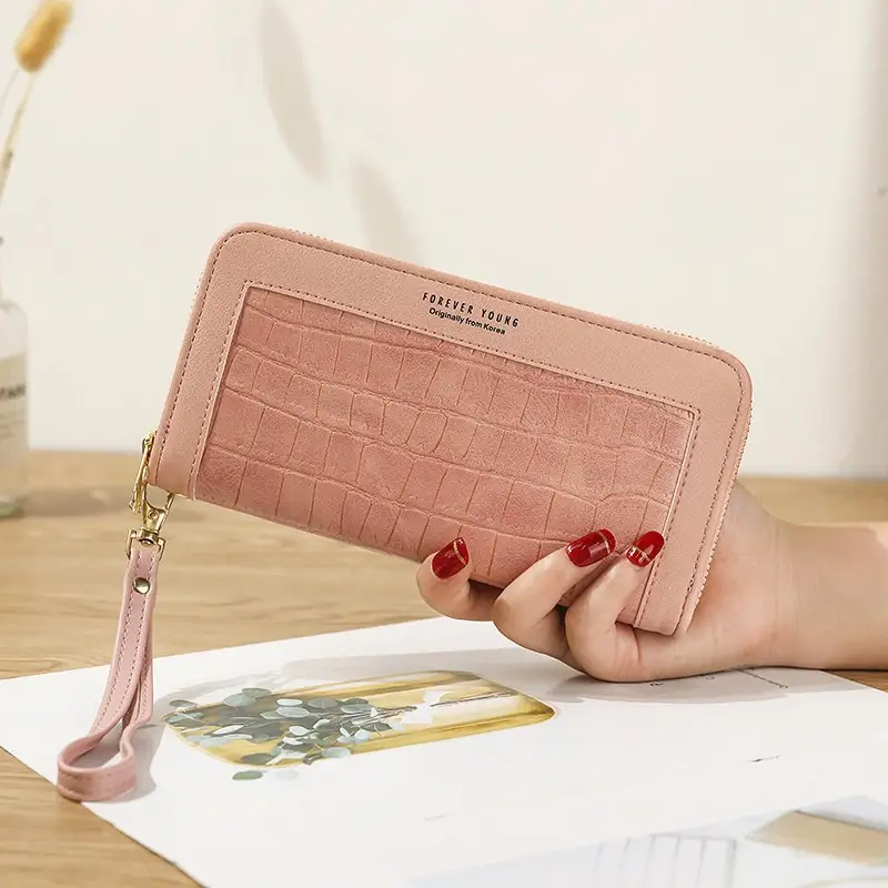 Women's Long Zipper Wallet with Wrist Strap — 1, Pink