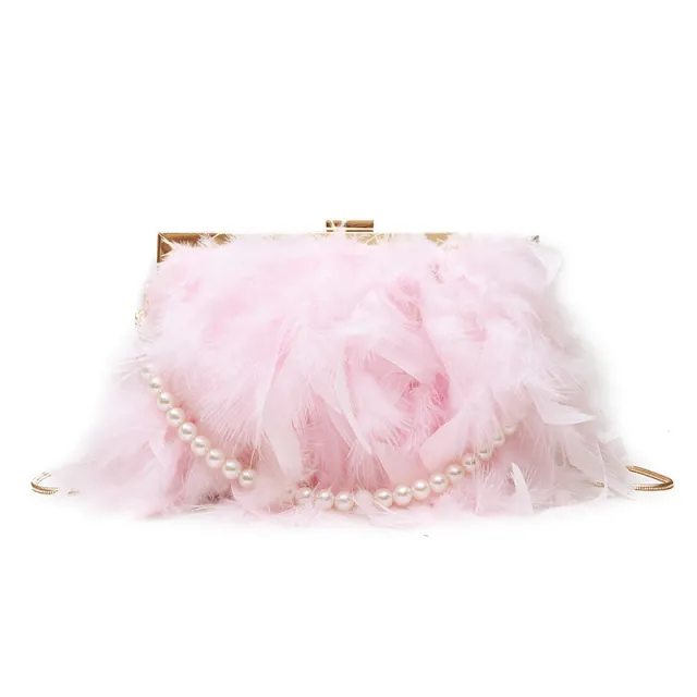 Ostrich hair clip buckle pearl diagonal bag Pink - Shop at LoveMi