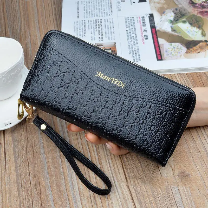 Women's Long Zipper Wallet with Wrist Strap — 2, Black
