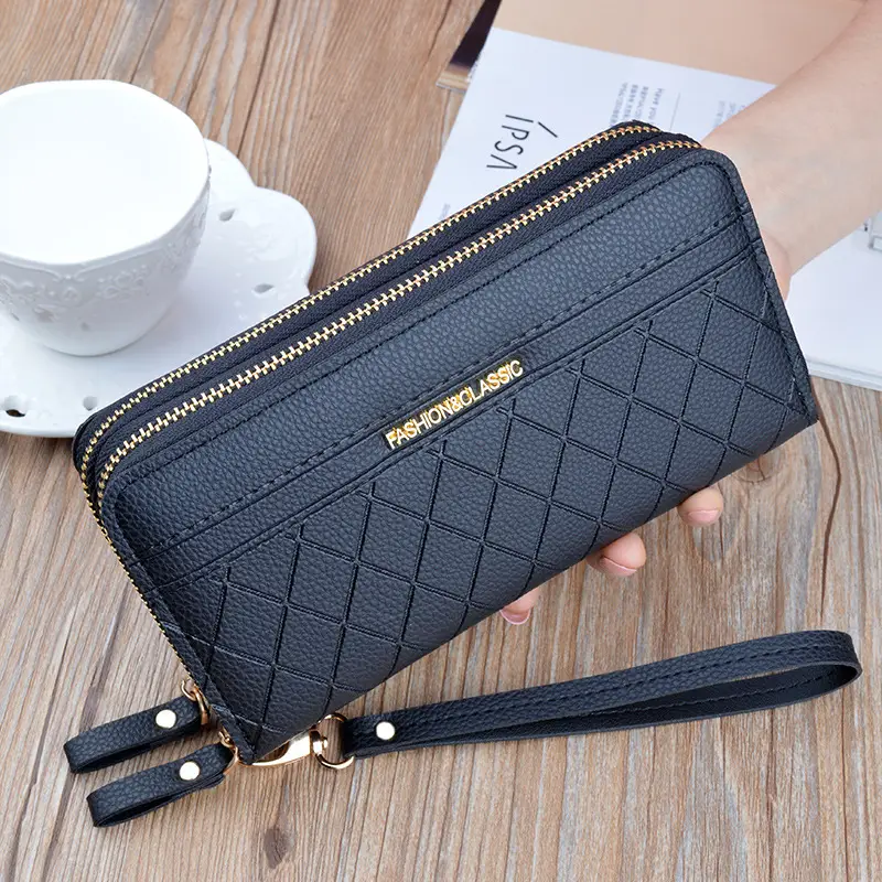Women's Long Zipper Wallet with Wrist Strap — 5, Black
