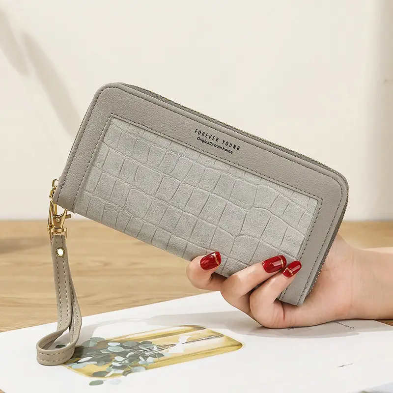 Women's Long Zipper Wallet with Wrist Strap — 1, Grey