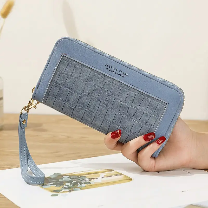 Women's Long Zipper Wallet with Wrist Strap — 1, Blue