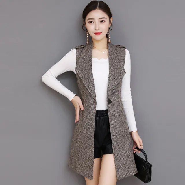 Plaid Long Blazer Vest Women Sleeveless Jacket Dark Grey - Shop at LoveMi