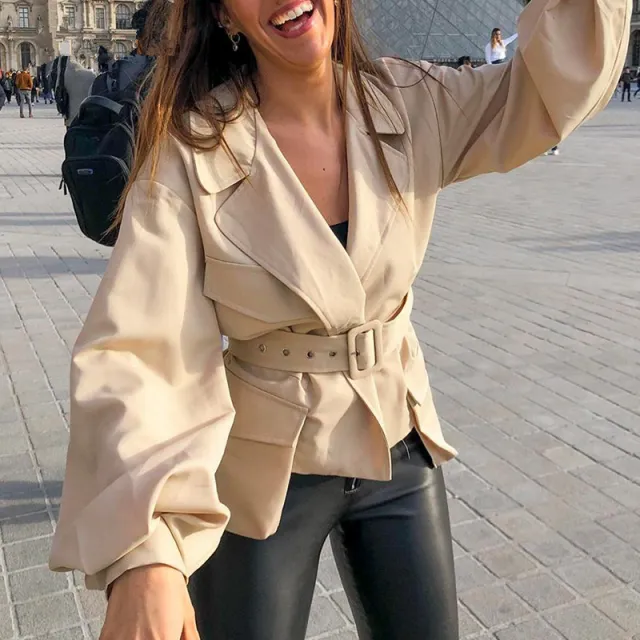 Lantern sleeve cropped jacket Khaki - Shop at LoveMi