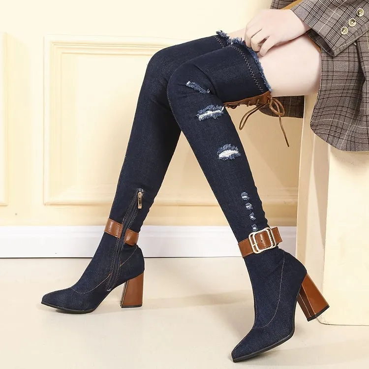 Stiletto pointed over-the-knee boots - Blue