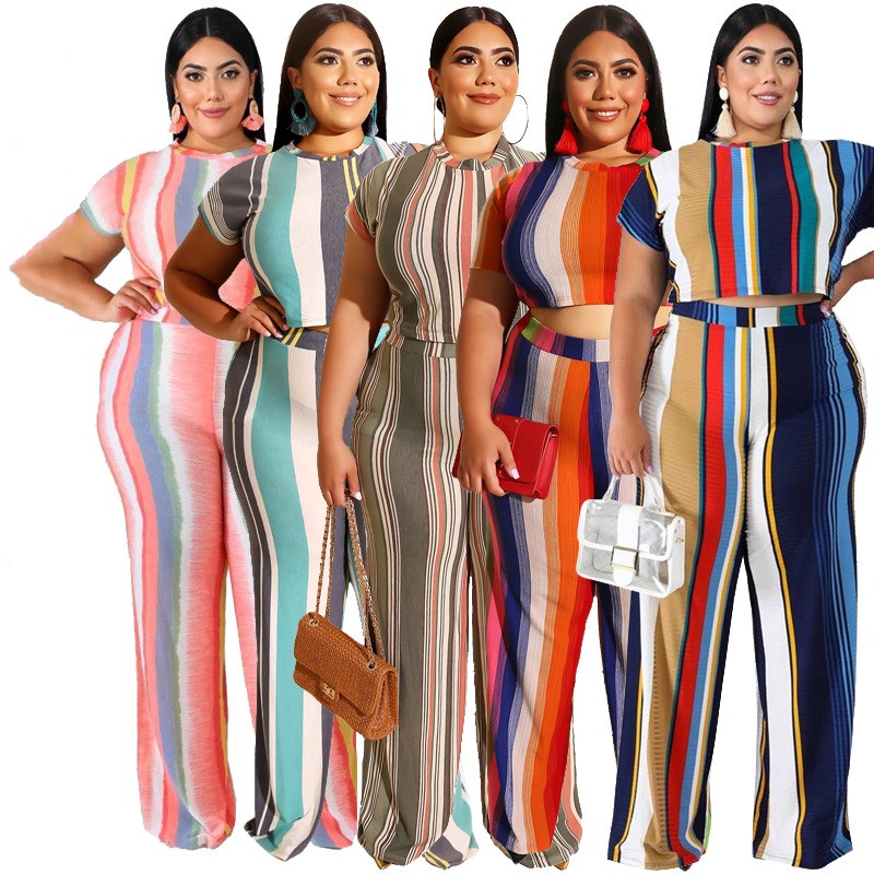 Striped printed tight T-shirt straight pants two-piece suit