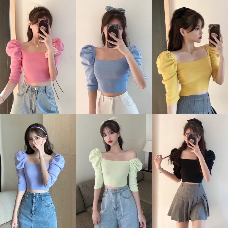 Square neck puff sleeve short sleeve