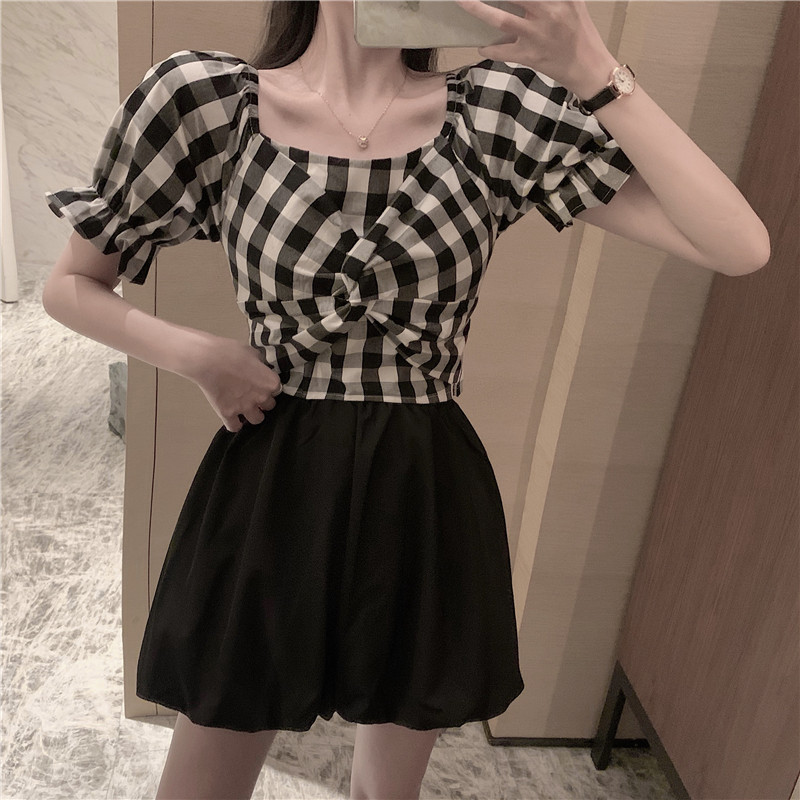 Women's slim-fit plaid short-sleeved shirt