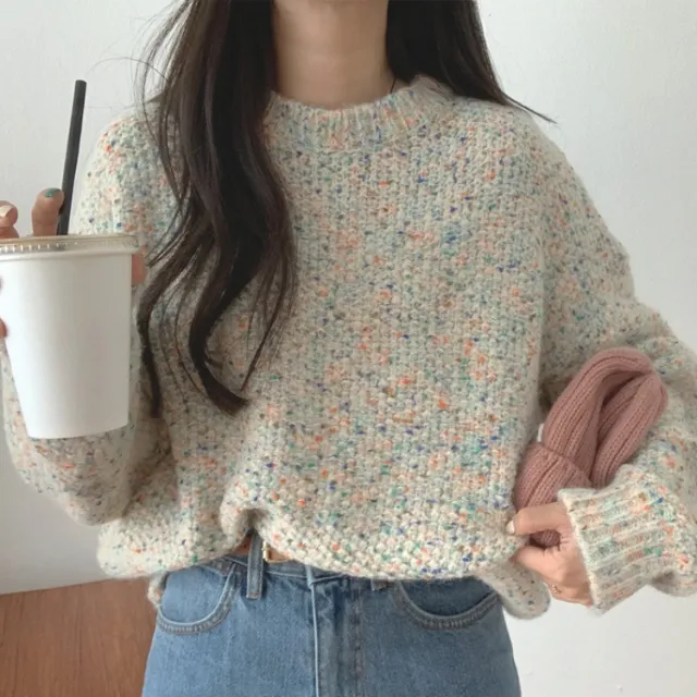 Vintage melange knitted crew neck sweater Apricot - Shop at LoveMi