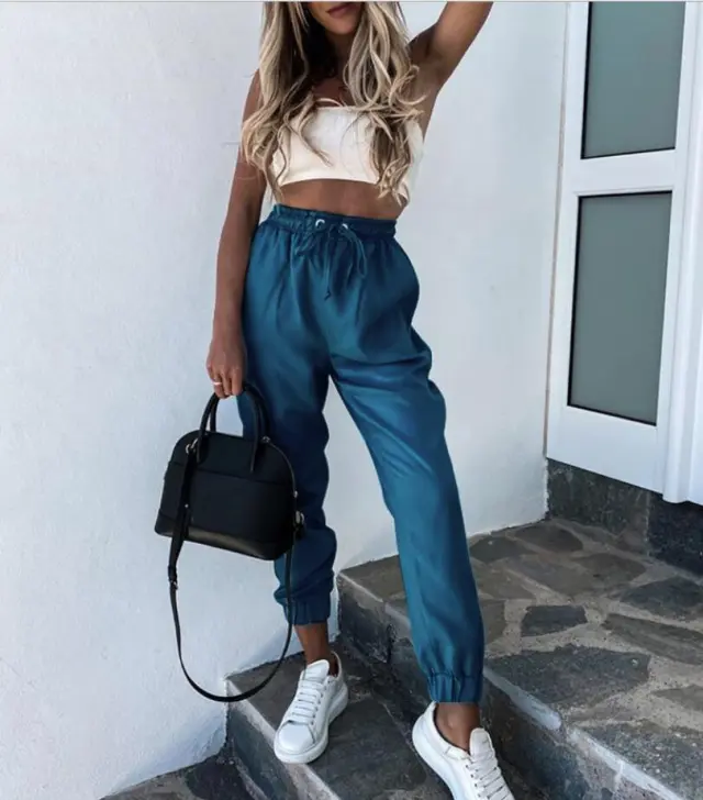 Casual strappy slim fit trousers with pockets Blue - Shop at LoveMi