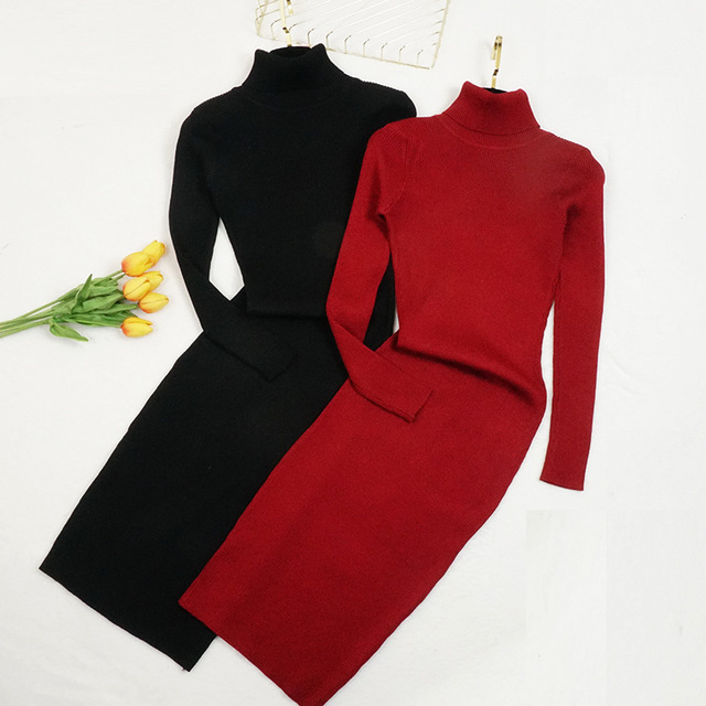 Autumn and winter high neck long sleeve knitted dress