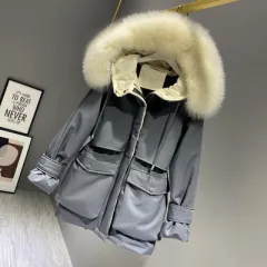 Fashion Hooded Faux Fur Collar Women's Clothing Big Pocket Down Jacket Female Winter Coat Woman - Grey - View 1