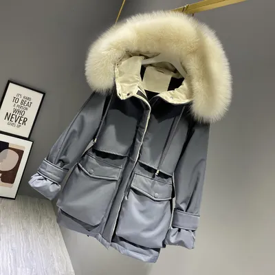 Fashion Hooded Faux Fur Collar Women's Clothing Big Pocket Down Jacket Female Winter Coat Woman Grey - Shop at LoveMi