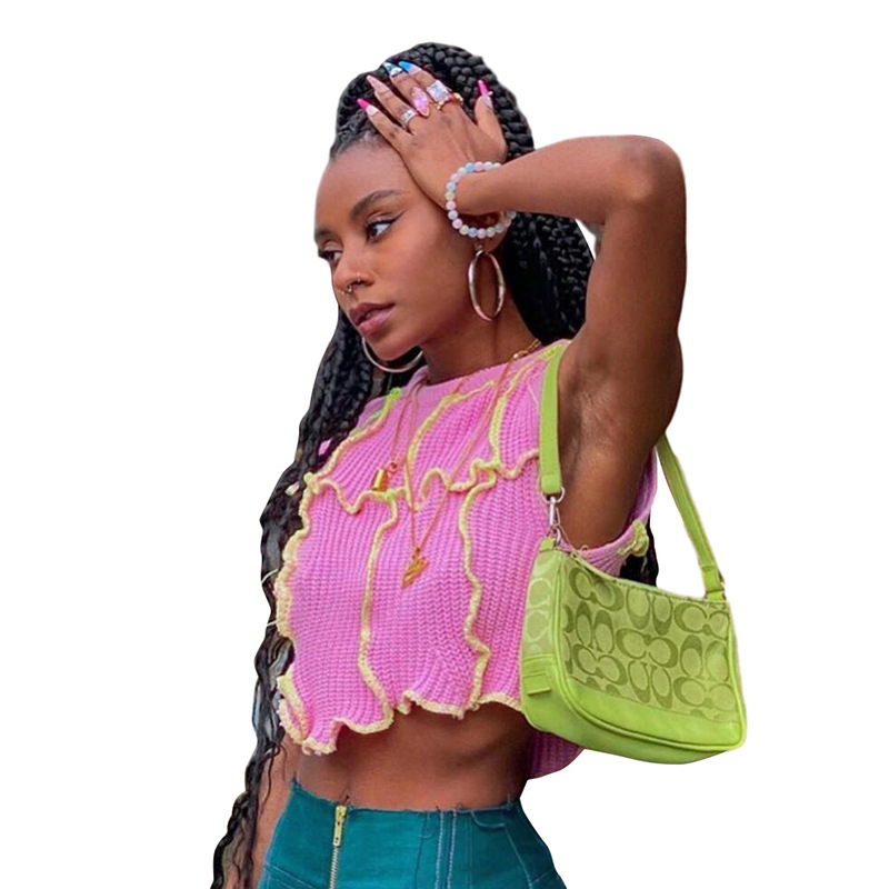 Round neck sleeveless contrast stitching fashion T-shirt