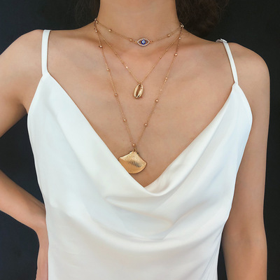 Retro simple geometric multilayer scallop necklace
