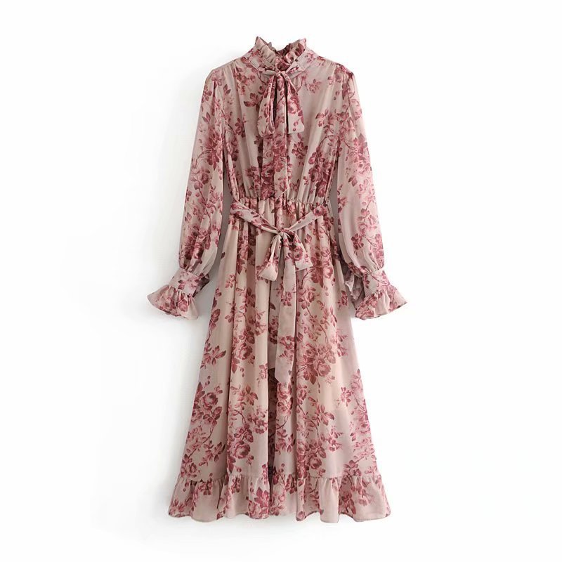 Cravat printed flounce Lace Dress