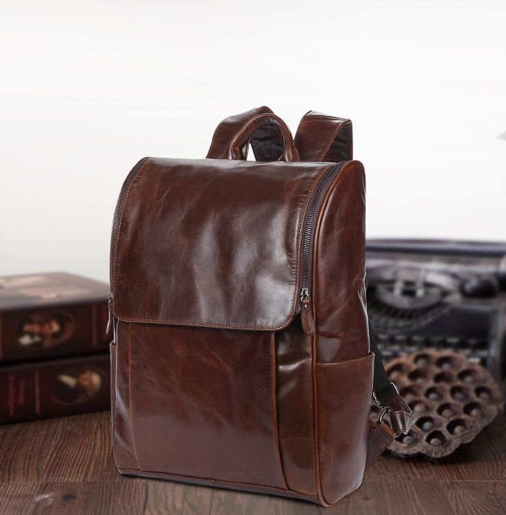 First layer leather black computer backpack Coffee - Shop at LoveMi