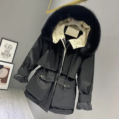 Fashion Hooded Faux Fur Collar Women's Clothing Big Pocket Down Jacket Female Winter Coat Woman Black - Shop at LoveMi