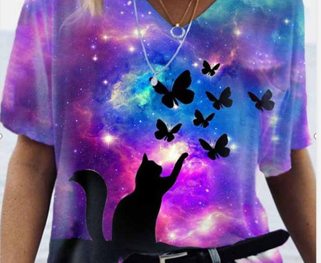 Ladies animal cat butterfly print casual T-shirt