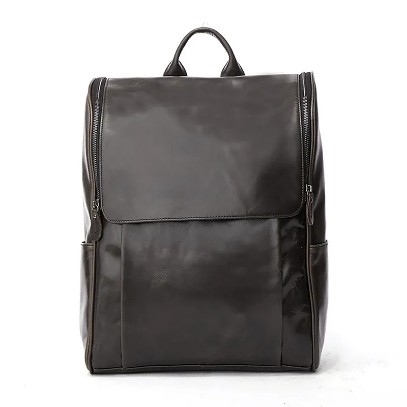 First layer leather black computer backpack - Grey