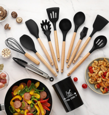 Silicone Kitchenware Cooking Utensils Set Heat Resistant Kitchen Non Stick Cooking Utensils Baking Tools Black - Shop at LoveMi