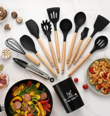 Silicone Kitchenware Cooking Utensils Set Heat Resistant Kitchen Non Stick Cooking Utensils Baking Tools Black - Shop at LoveMi