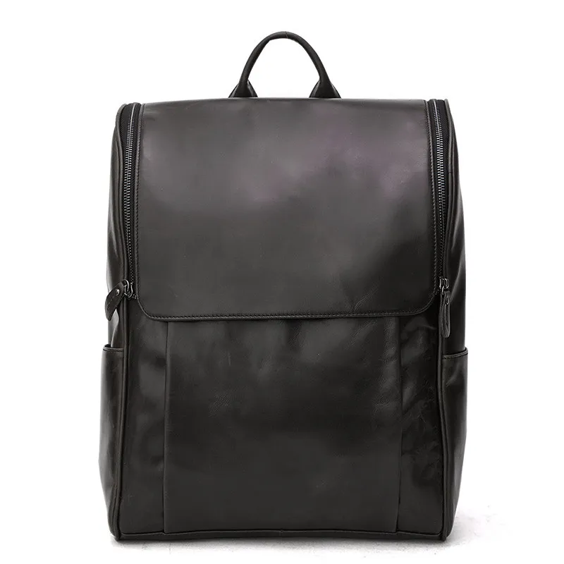 First layer leather black computer backpack - Black