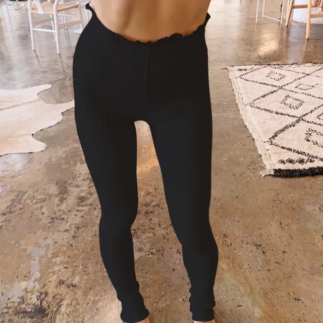 Elastic leg pants with wood ears Black - Shop at LoveMi