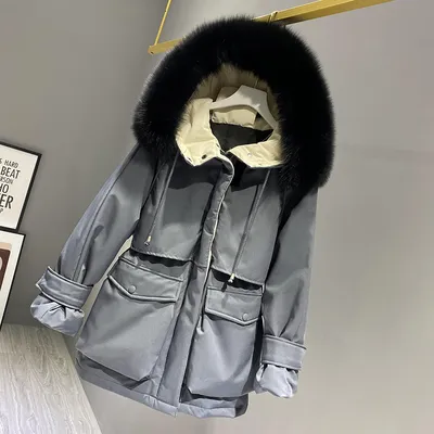 Fashion Hooded Faux Fur Collar Women's Clothing Big Pocket Down Jacket Female Winter Coat Woman Grey Black - Shop at LoveMi