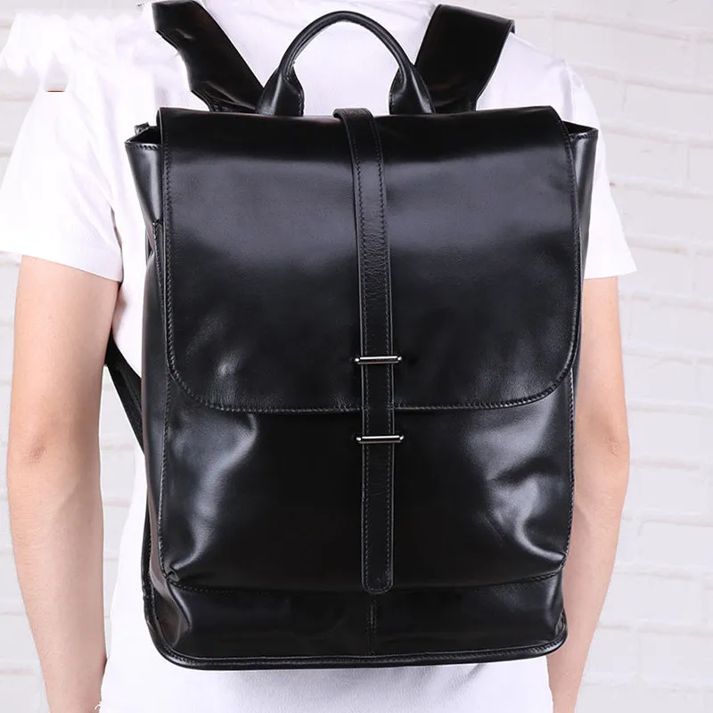 Black oil wax leather backpack - Black