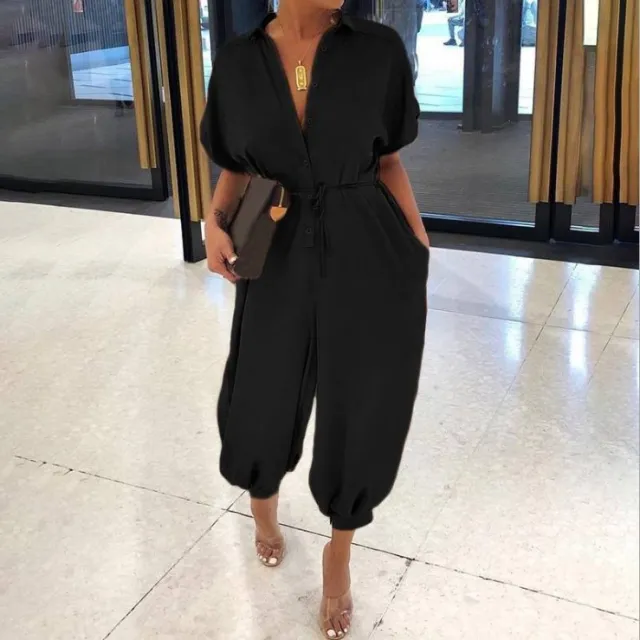 Retro women's short sleeved button casual pants Black - Shop at LoveMi