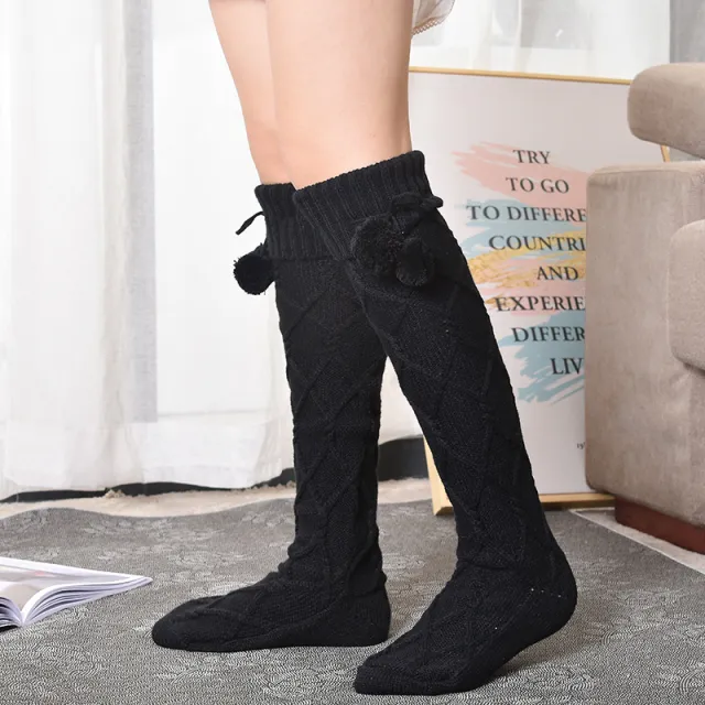 Stockings Women Cable Knit Cotton Extra Long Boot Black - Shop at LoveMi