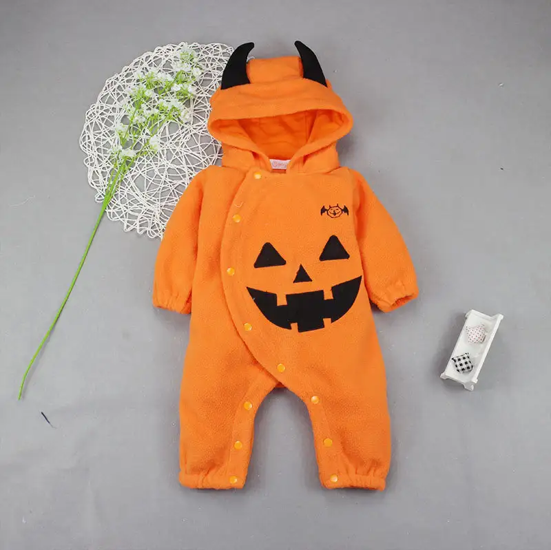 Baby Halloween Pumpkin Hooded Jumpsuit with Bat Wings