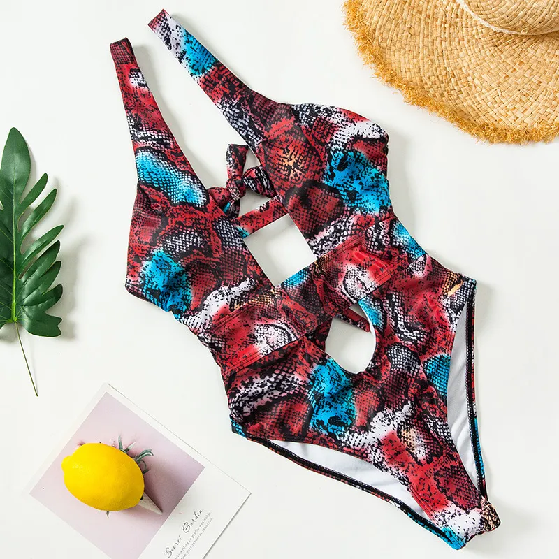 Snake print one-piece bikini - Red