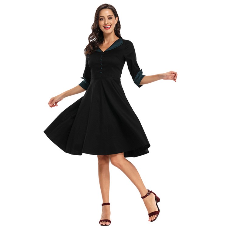 Dress retro stitching lotus leaf collar