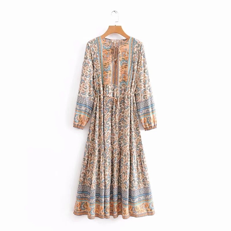 Cotton Tie-Neck Long-Sleeve Maxi Dress, picture 7 of 7