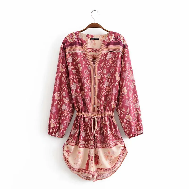 Positioning flower waist drawstring jumpsuit - Photo Color