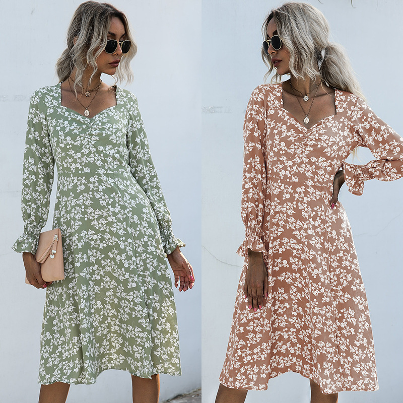 Mid-length floral long-sleeved dress