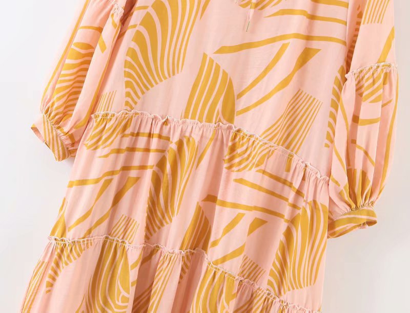 Retro loose print puff sleeve long dress