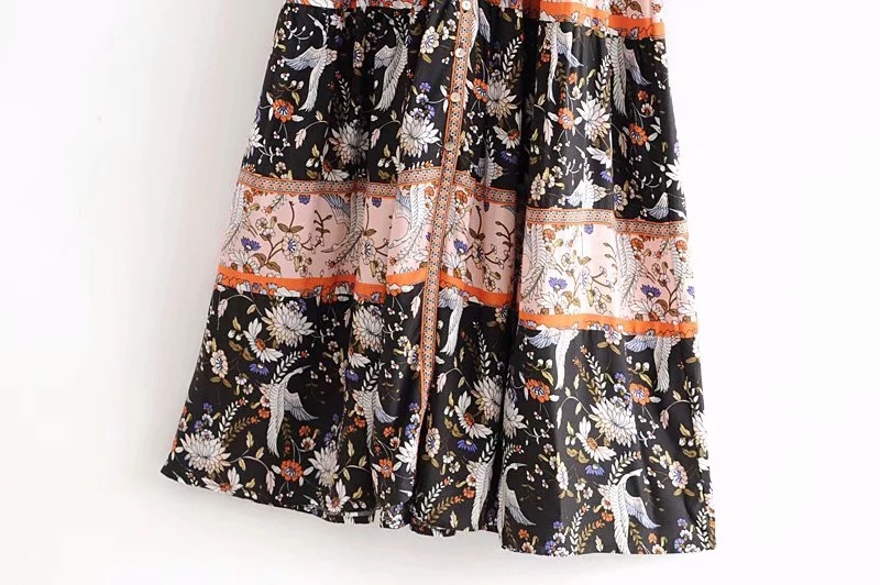 Printed V-leader mouth elastic waist tie long skirt