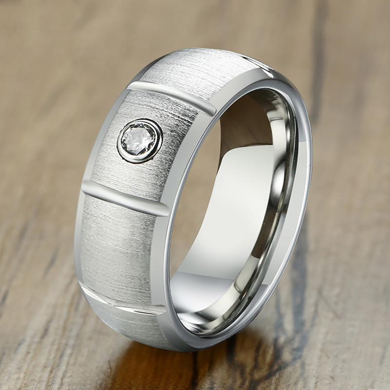 Brushed tungsten steel ring with zircon