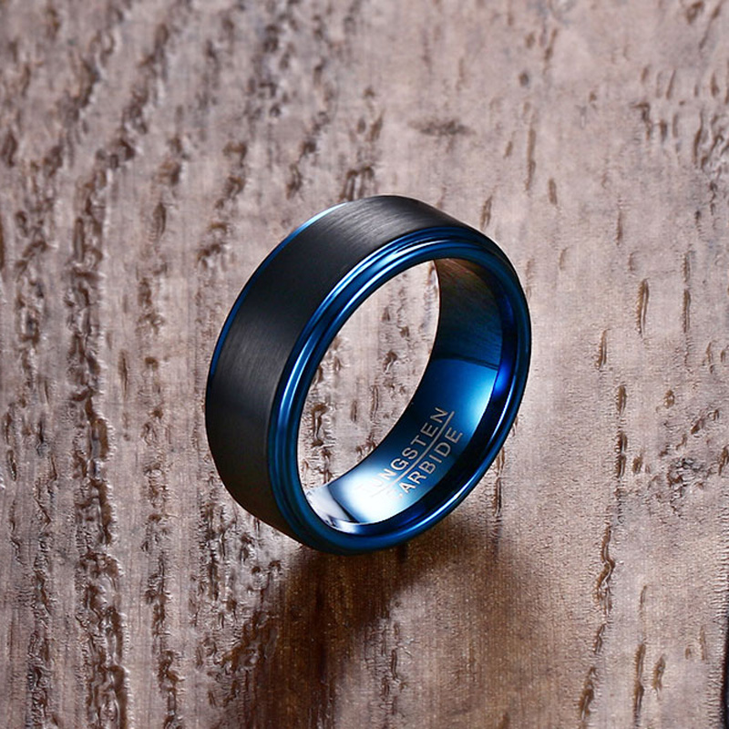 9MM Tungsten Steel Ring Black + Blue European and American Fashion Jewelry