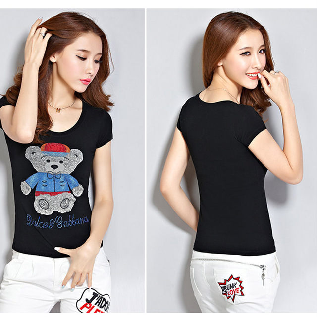 Rhinestone print round neck short sleeves