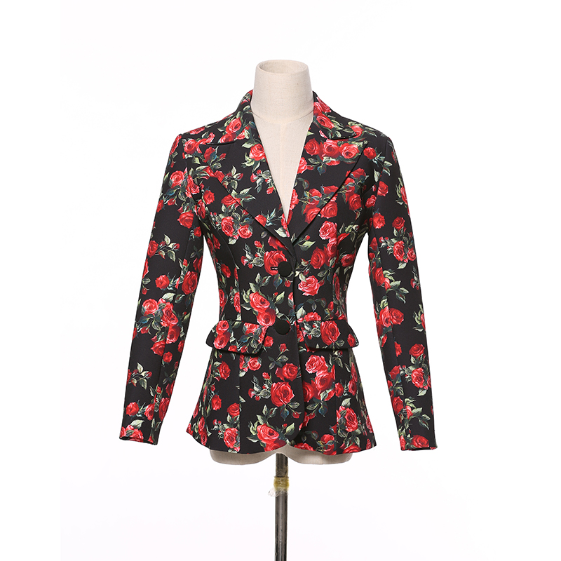 Early autumn women's dress retro small floral print lapel 2 button fashion slim small suit woman
