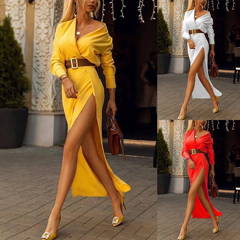 V-neck mid-length long-sleeved dress